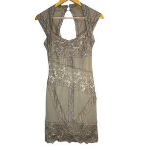 Silvergate Womens Lace Bodycon Dress Taupe Tan Open Keyhole Back Sleeveless S